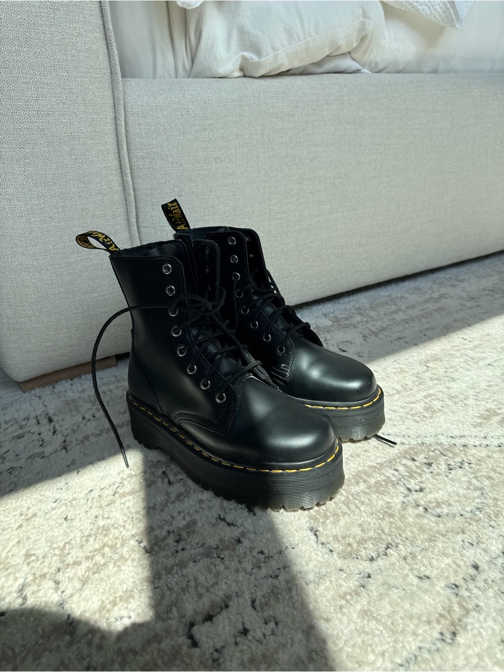 Dr. Martens Black Leather Platform Lace-Up Boots with Yellow Stitching